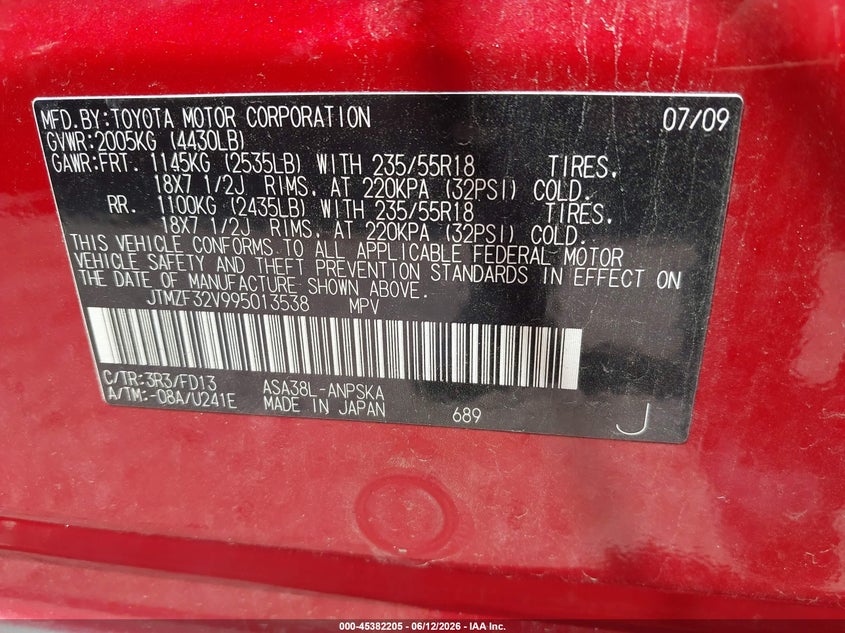 2009 Toyota Rav 4 VIN JTMZF32V995013538 IAAI salvage auction — REAR END, Salvage (Ohio), sold $2,375 on 2026-07-24 (photo 9)
