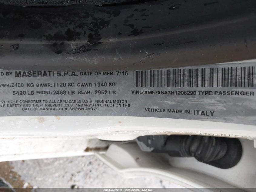 2017 Maserati Ghibli VIN ZAM57XSA3H1206298 IAAI salvage auction — FRONT END, Salvage Title, sold $3,750 on 2026-08-09 (photo 9)