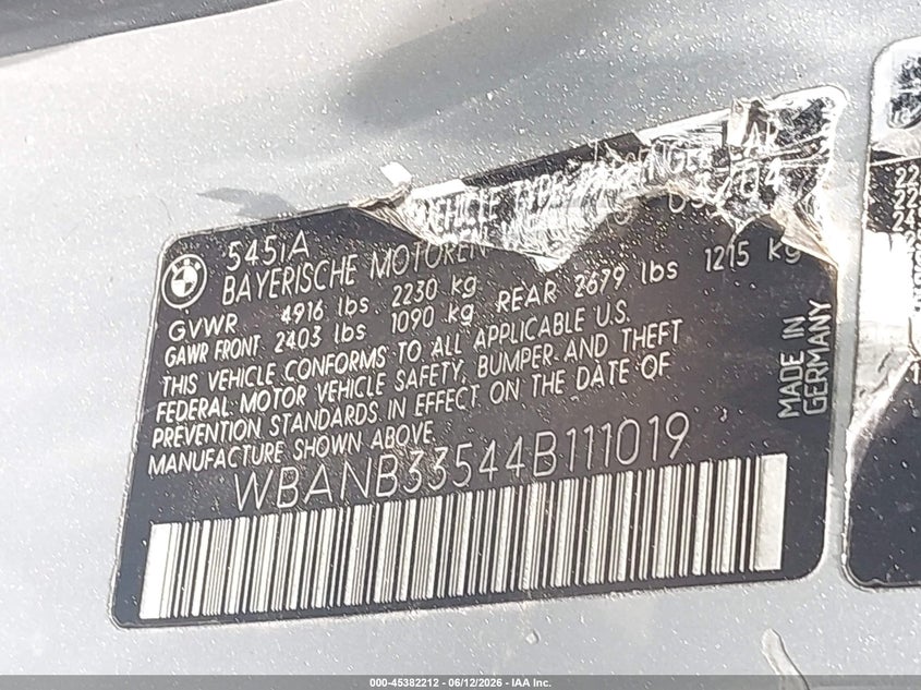 2004 BMW 5 series VIN WBANB33544B111019 IAAI salvage auction — NORMAL WEAR, Repossession Paperwork (Georgia), sold $350 on 2026-07-22 (photo 9)