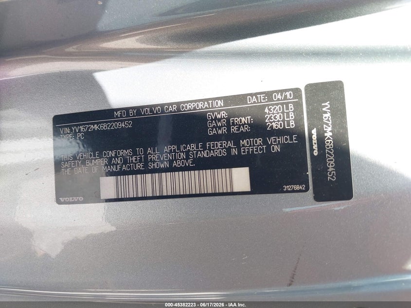 2011 Volvo C30 VIN YV1672MK6B2209452 IAAI salvage auction — SUSPENSION, Salvage (Texas), sold $600 on 2026-07-08 (photo 9)