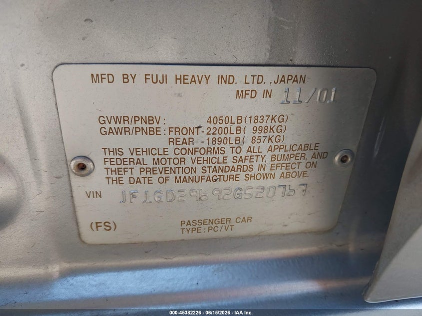 2002 Subaru Impreza VIN JF1GD29692G520767 IAAI salvage auction — REAR END, Salvage (Oregon), sold $1,750 on 2026-07-31 (photo 9)