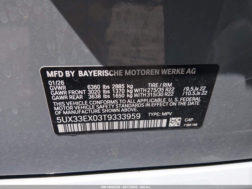 2026 BMW X6 VIN 5UX33EX03T9333959 IAAI salvage auction — FRONT END, Salvage Title, sold $28,250 on 2026-08-31 (photo 9)