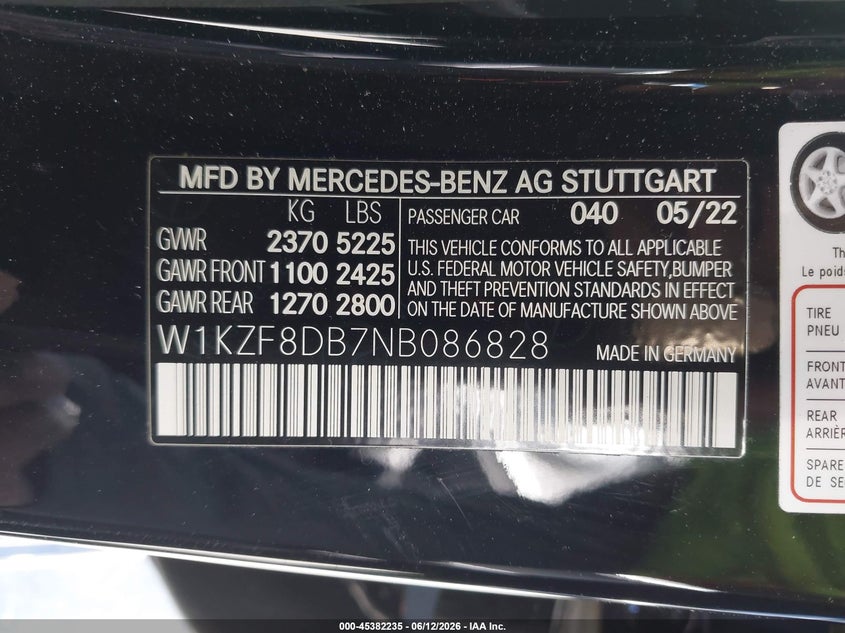 2022 Mercedes-benz E-class VIN W1KZF8DB7NB086828 IAAI salvage auction — FRONT END, Salvage (California), sold $18,150 on 2026-07-29 (photo 9)