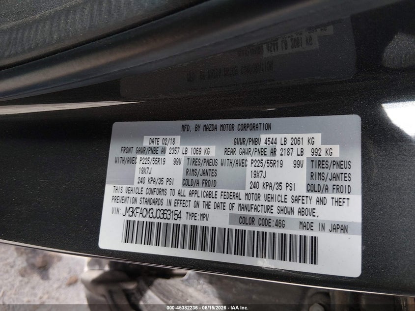 2018 Mazda Cx-5 VIN JM3KFACM3J0363154 IAAI salvage auction — LEFT FRONT, Salvage (Texas), sold $5,000 on 2026-07-22 (photo 9)