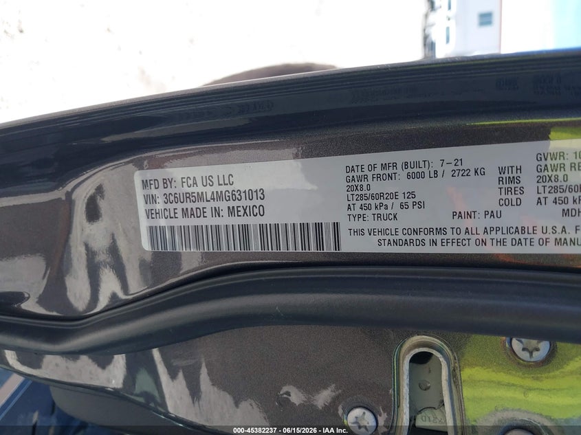 2021 Ram 2500 VIN 3C6UR5ML4MG631013 IAAI salvage auction — FRONT END, Salvage (North Carolina), sold $24,250 on 2026-08-21 (photo 9)