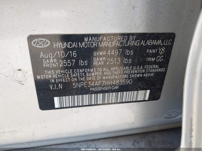 2017 Hyundai Sonata VIN 5NPE34AF7HH483590 IAAI salvage auction — SIDE, Salvage (California), sold $2,150 on 2026-07-05 (photo 9)