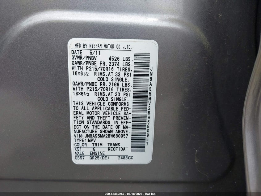 2011 Nissan Rogue sport VIN JN8AS5MV2BW680957 IAAI salvage auction — NORMAL WEAR, Clear (Virginia), sold $350 on 2026-07-14 (photo 9)