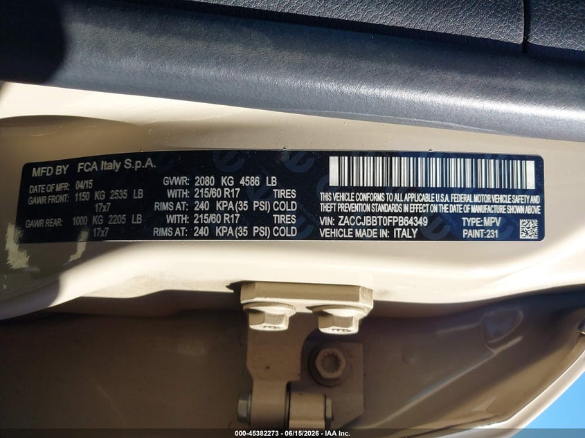 2015 Jeep Renegade VIN ZACCJBBT0FPB64349 IAAI salvage auction — SIDE, Salvage Title, sold $1,100 on 2026-08-04 (photo 9)