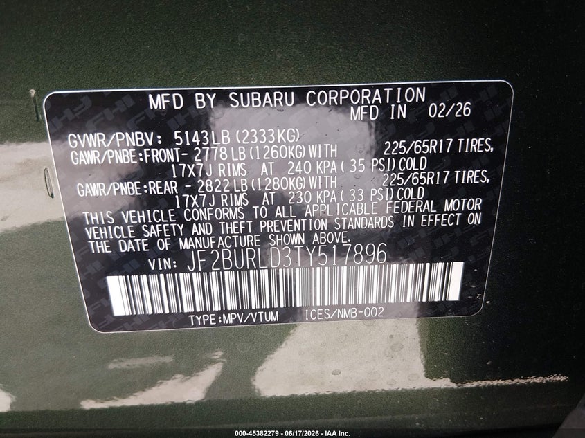 2026 Subaru Outback VIN JF2BURLD3TY517896 IAAI salvage auction — FRONT END, Salvage (Texas), sold $9,500 on 2026-07-28 (photo 9)