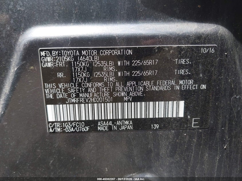 2017 Toyota VIN JTMRFREV2HD201501 IAAI salvage auction — FRONT END, Salvage (Ohio), sold $4,300 on 2026-07-09 (photo 9)