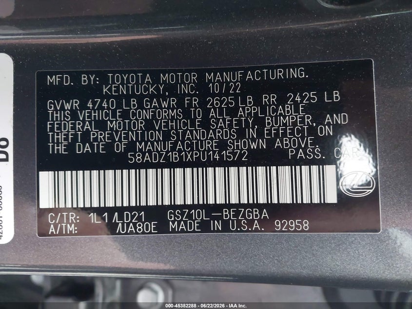 2023 Lexus ES VIN 58ADZ1B1XPU141572 IAAI salvage auction — REAR END, Salvage (Missouri), sold $17,500 on 2026-07-28 (photo 9)