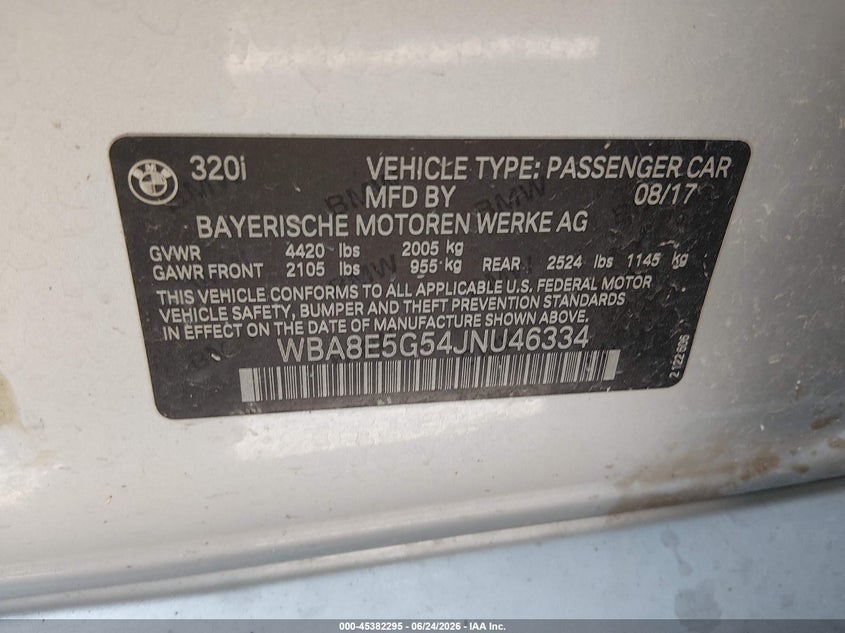 2018 BMW 3er VIN WBA8E5G54JNU46334 IAAI salvage auction — FRONT & REAR, Salvage Title, sold $1,675 on 2026-08-13 (photo 9)