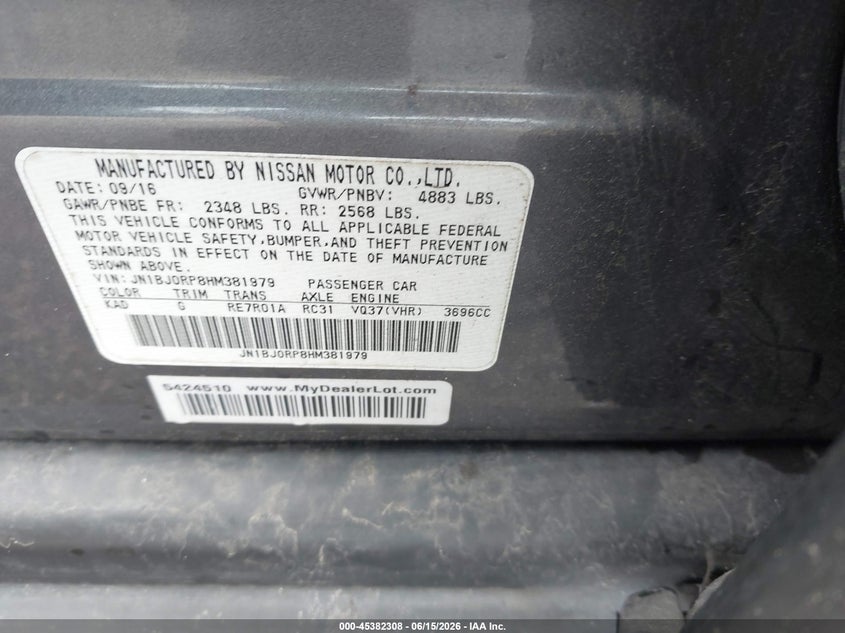 2017 Infiniti Qx50 VIN JN1BJ0RP8HM381979 IAAI salvage auction — FRONT END, Salvage (Texas), sold $350 on 2026-07-08 (photo 9)