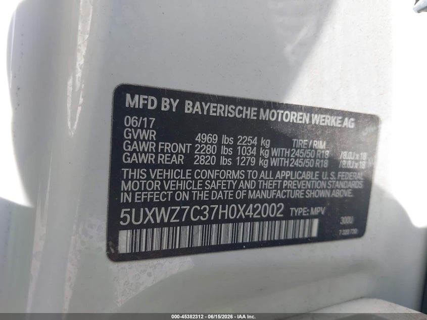 2017 BMW X3 VIN 5UXWZ7C37H0X42002 IAAI salvage auction — RIGHT REAR, Rebuildable (Florida), sold $1,800 on 2026-07-23 (photo 9)