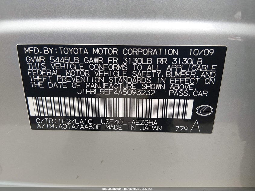 2010 Lexus Ls 460 VIN JTHBL5EF4A5093232 IAAI salvage auction — LEFT REAR, Salvage (Mississippi), sold $1,450 on 2026-07-23 (photo 9)