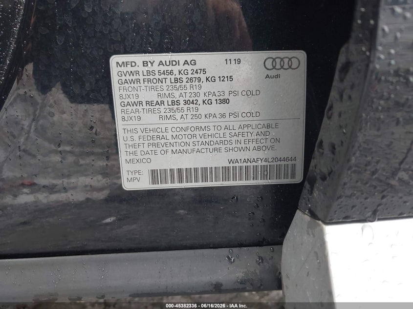 2020 Audi Q5 VIN WA1ANAFY4L2044644 IAAI salvage auction — FRONT & REAR, Rebuildable (Florida), sold $8,000 on 2026-07-15 (photo 9)