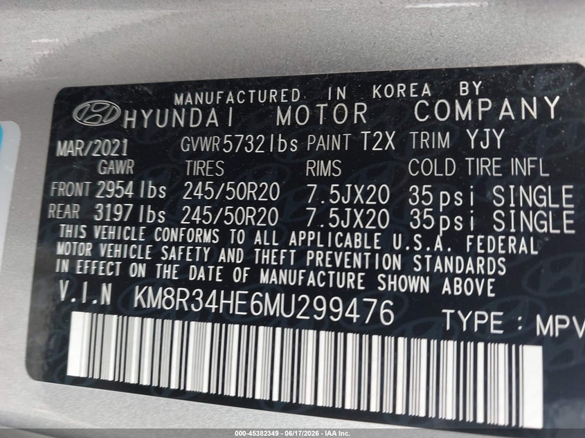 2021 Hyundai Palisade VIN KM8R34HE6MU299476 IAAI salvage auction — FRONT END, Salvage (South Carolina), sold $6,350 on 2026-07-28 (photo 9)