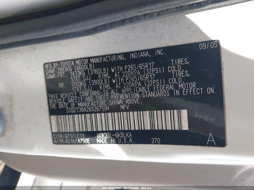 2006 Toyota Sequoia VIN 5TDZT38A26S267594 IAAI salvage auction — NORMAL WEAR, Clear (Florida), sold $775 on 2026-07-09 (photo 9)