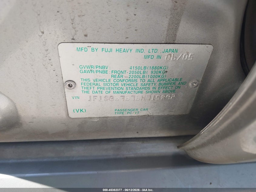 2006 Subaru Forester VIN JF1SG67676H715892 IAAI salvage auction — NORMAL WEAR, Clear - Dealer Only (California), sold $625 on 2026-07-20 (photo 9)
