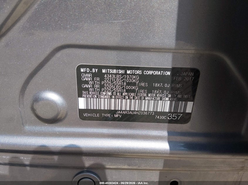 2017 Mitsubishi Outlander VIN JA4AR3AU4HZ036773 IAAI salvage auction — FRONT END, Salvage Title, sold $1,325 on 2026-07-16 (photo 9)