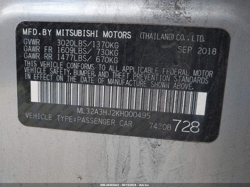 2019 Mitsubishi Mirage VIN ML32A3HJ2KH000495 IAAI salvage auction — FRONT END, Salvage Title, sold $1,400 on 2026-07-28 (photo 9)