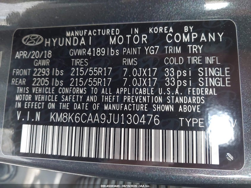 2018 Hyundai Kona VIN KM8K6CAA9JU130476 IAAI salvage auction — RIGHT SIDE, Salvage (Pennsylvania), sold $1,100 on 2026-07-07 (photo 9)