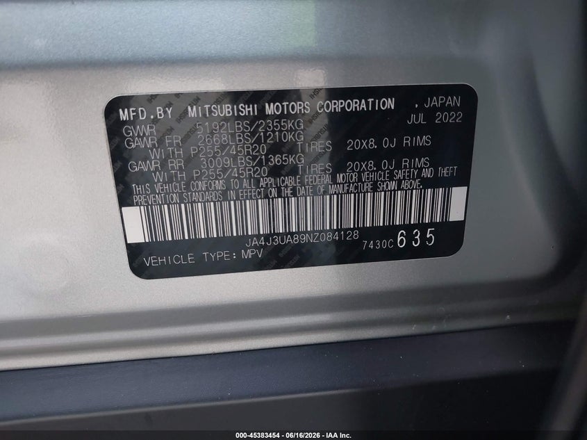 2022 Mitsubishi Outlander VIN JA4J3UA89NZ084128 IAAI salvage auction — FRONT END, Certificate Of Destruction (Florida), sold $4,200 on 2026-07-14 (photo 9)