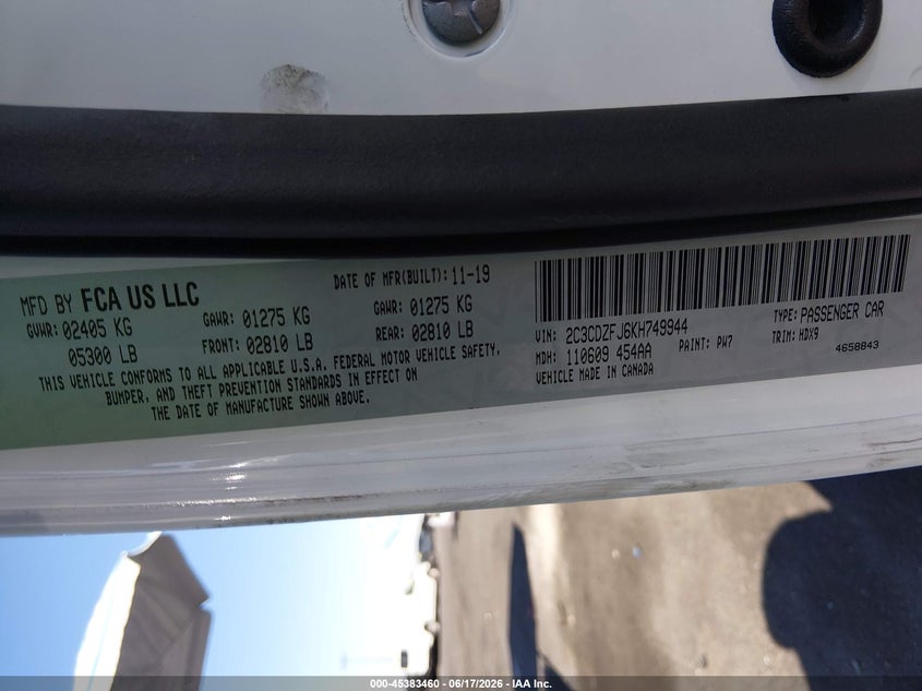 2019 Dodge Challenger VIN 2C3CDZFJ6KH749944 IAAI salvage auction — UNDERCARRIAGE, Salvage Title, sold $6,500 on 2026-08-14 (photo 9)