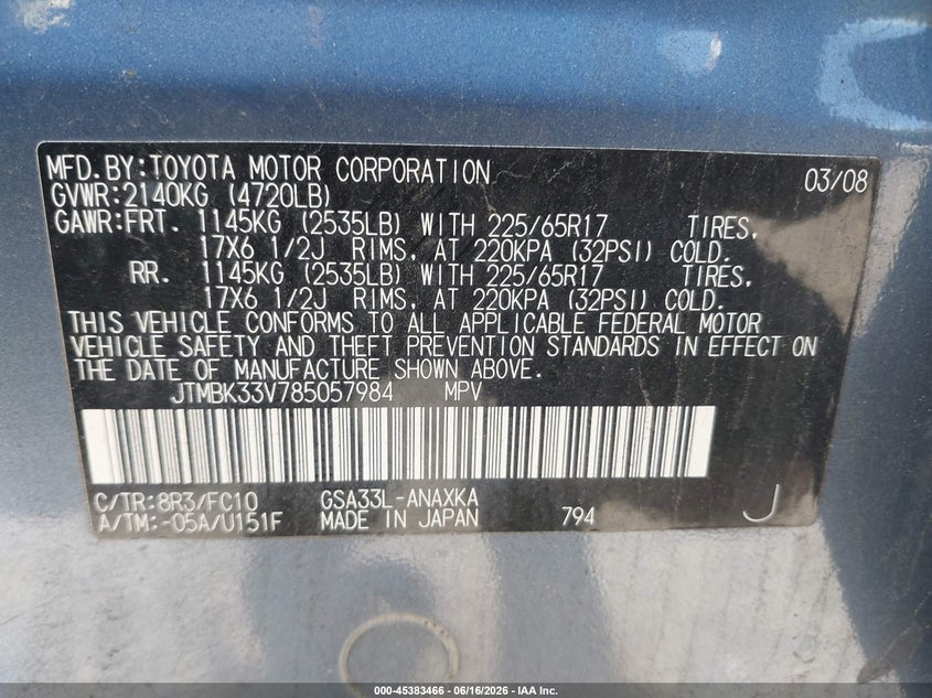 2008 Toyota Rav4 VIN JTMBK33V785057984 IAAI salvage auction — Burn Engine, Clear (Massachusetts), sold $425 on 2026-07-17 (photo 9)