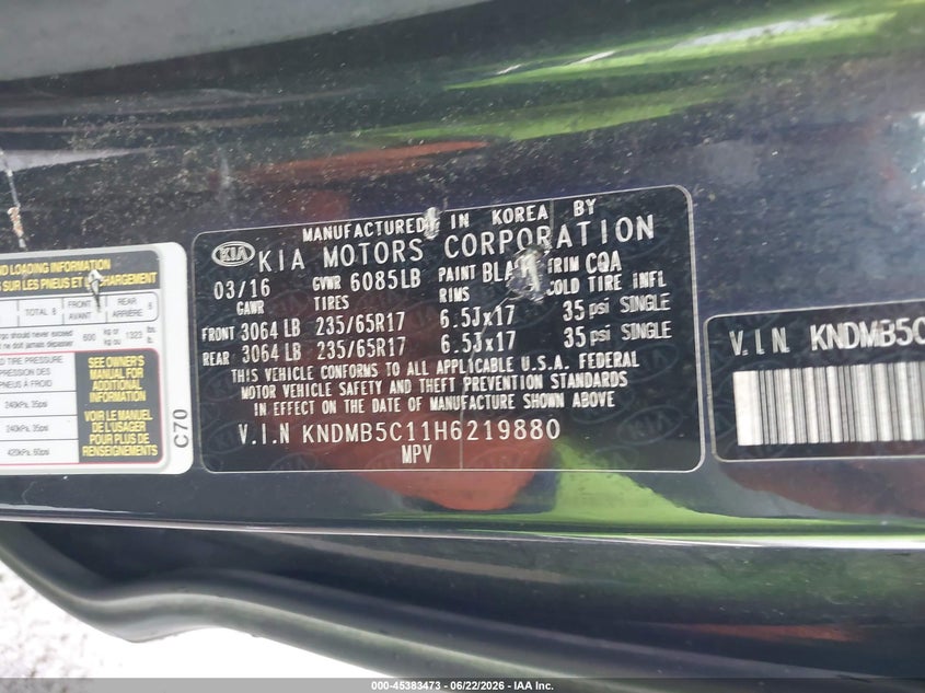 2017 Kia SEDONA VIN KNDMB5C11H6219880 IAAI salvage auction — FRONT END, Salvage (Ohio), sold $1,900 on 2026-07-14 (photo 9)
