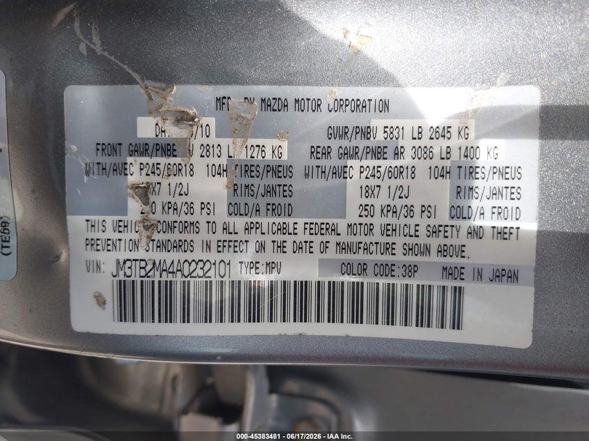 2010 Mazda Cx-9 VIN JM3TB2MA4A0232101 IAAI salvage auction — NORMAL WEAR, Original (Texas), sold $325 on 2026-07-29 (photo 9)