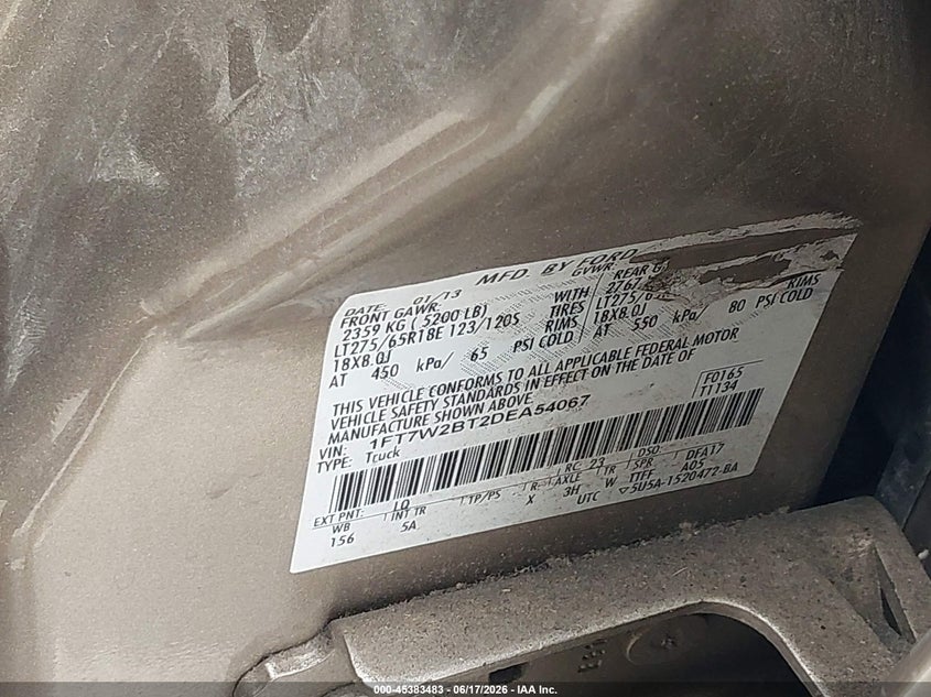 2013 Ford F250 VIN 1FT7W2BT2DEA54067 IAAI salvage auction — SIDE, Salvage (Indiana), sold $3,400 on 2026-07-11 (photo 9)