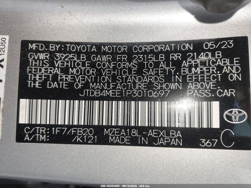 2023 Toyota Corolla VIN JTDB4MEE1P3010697 IAAI salvage auction — FRONT END, Certificate Of Destruction (Florida), sold $3,300 on 2026-07-28 (photo 9)