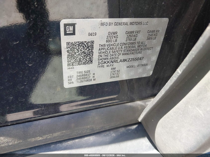 2019 Gmc Acadia VIN 1GKKNRLA8KZ255047 IAAI salvage auction — NORMAL WEAR, Sf97 (Maryland), sold $8,975 on 2026-08-18 (photo 9)