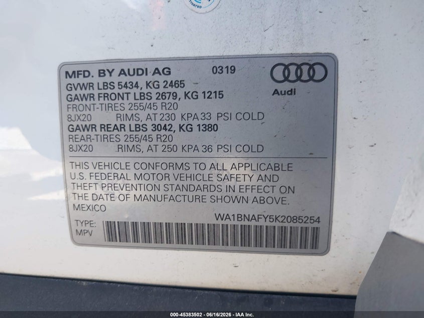 2019 Audi Q5 VIN WA1BNAFY5K2085254 IAAI salvage auction — REAR END, Wait Title, sold $8,500 on 2026-08-01 (photo 9)
