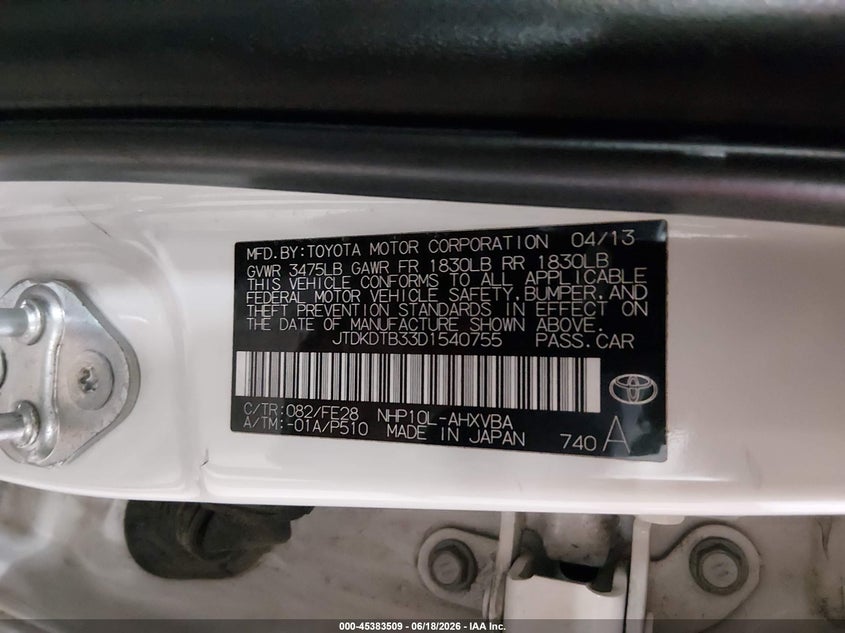 2013 Toyota Prius c VIN JTDKDTB33D1540755 IAAI salvage auction — HAIL, Salvage (Iowa), sold $1,650 on 2026-07-09 (photo 9)