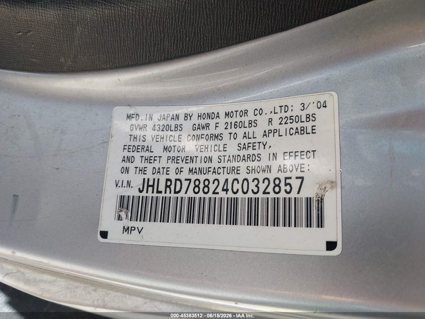 2004 Honda Cr-v VIN JHLRD78824C032857 IAAI salvage auction — SIDE, Clear (Michigan), sold $600 on 2026-07-27 (photo 9)