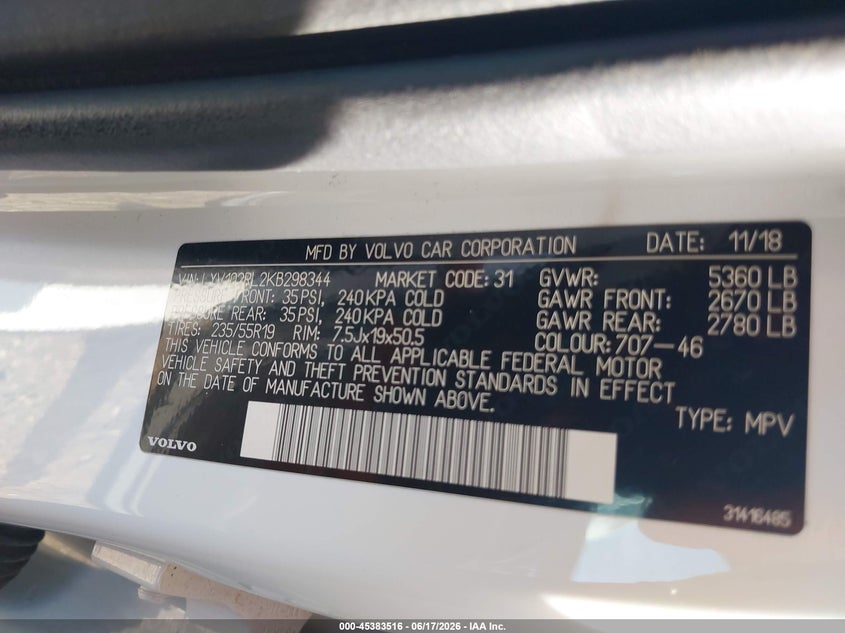 2019 Volvo Xc60 VIN LYV102RL2KB298344 IAAI salvage auction — REAR END, Salvage Title, sold $8,200 on 2026-08-10 (photo 9)