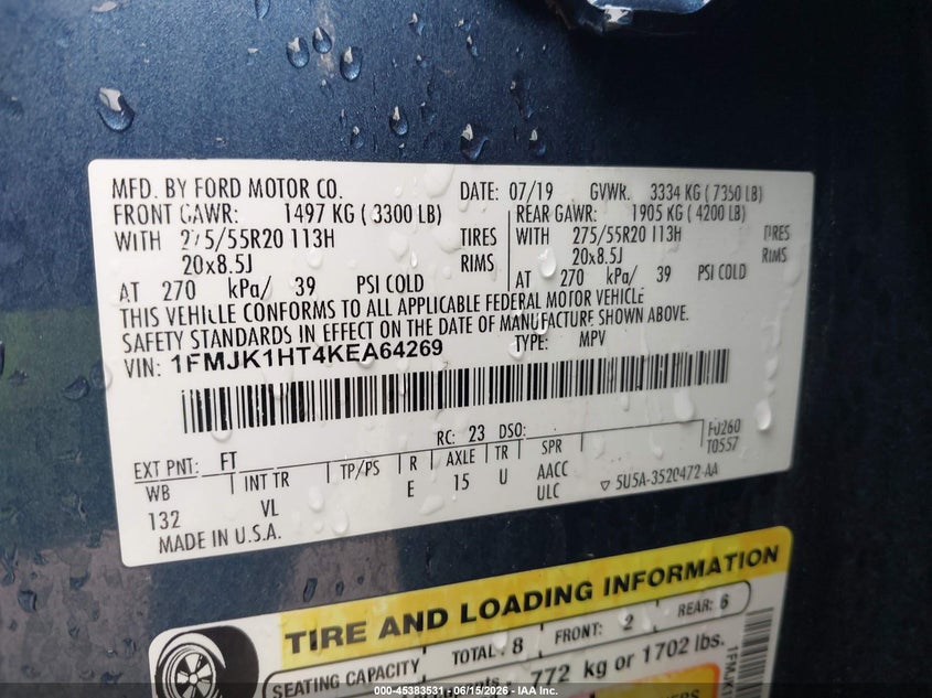 2019 Ford Expedition VIN 1FMJK1HT4KEA64269 IAAI salvage auction — FRONT END, Original (Texas), sold $7,500 on 2026-07-30 (photo 9)