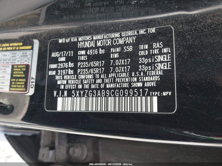 2012 Hyundai Santa fe VIN 5XYZG3AB9CG099517 IAAI salvage auction — NORMAL WEAR, Original (Ohio), sold $650 on 2026-07-22 (photo 9)