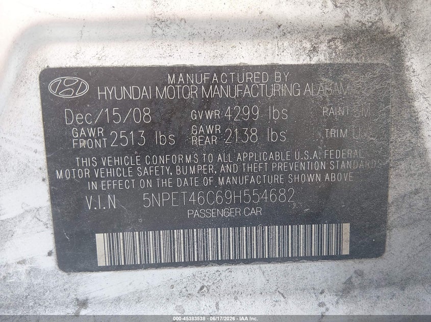 2009 Hyundai Sonata VIN 5NPET46C69H554682 IAAI salvage auction — REAR END, Salvage (North Carolina), sold $725 on 2026-07-15 (photo 9)