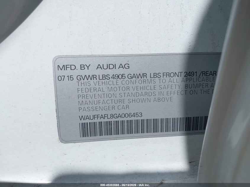 2016 Audi A4 VIN WAUFFAFL8GA006453 IAAI salvage auction — FRONT END, Clear (Wisconsin), sold $2,750 on 2026-07-09 (photo 9)