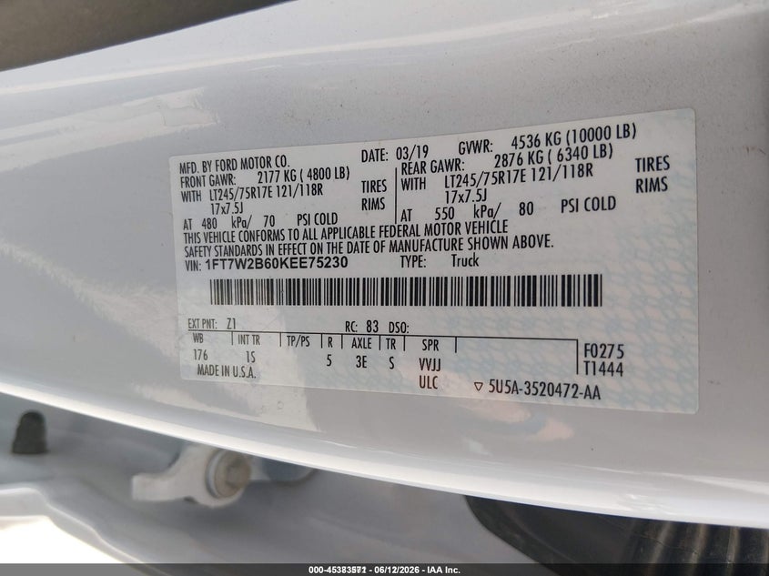 2019 Ford F-250 VIN 1FT7W2B60KEE75230 IAAI salvage auction — NORMAL WEAR, Sf97 (Arizona), sold $18,800 on 2026-07-28 (photo 9)