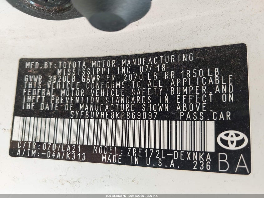 2019 Toyota Corolla VIN 5YFBURHE8KP869097 IAAI salvage auction — FRONT END, Salvage Title, sold $2,750 on 2026-07-19 (photo 9)