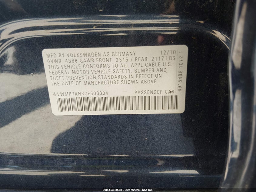 2012 Volkswagen Passat cc VIN WVWMP7AN3CE503304 IAAI salvage auction — FRONT END, Salvage Title, sold $475 on 2026-07-16 (photo 9)