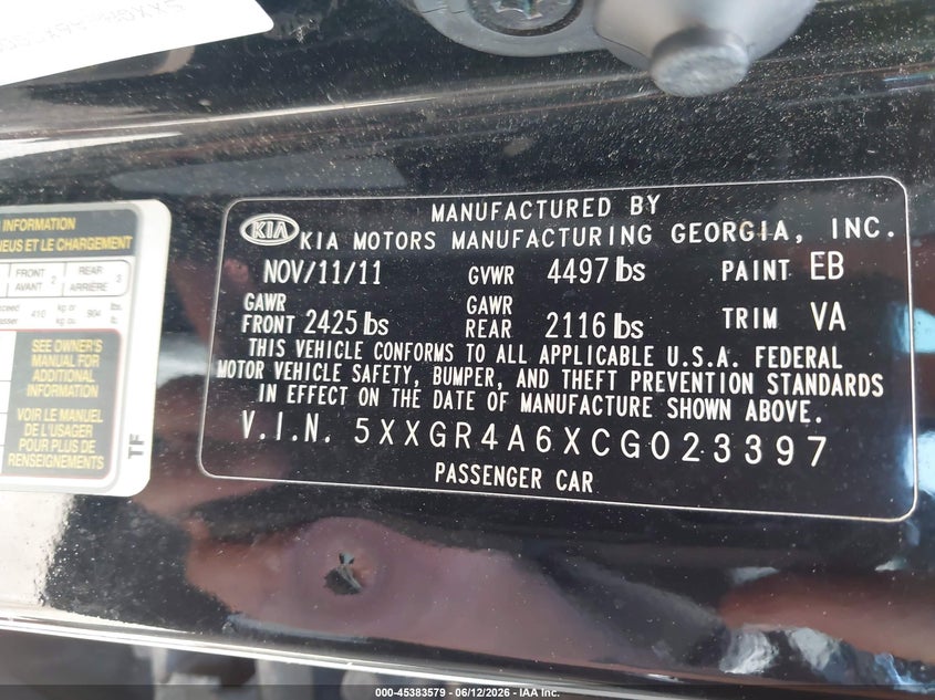 2012 Kia Optima VIN 5XXGR4A6XCG023397 IAAI salvage auction — NORMAL WEAR, Clear (Virginia), sold $325 on 2026-07-10 (photo 9)