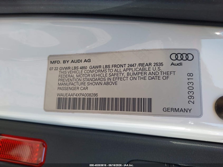 2023 Audi A4 VIN WAUEAAF4XPA008286 IAAI salvage auction — REAR END, Salvage (Idaho), sold $12,025 on 2026-07-15 (photo 9)