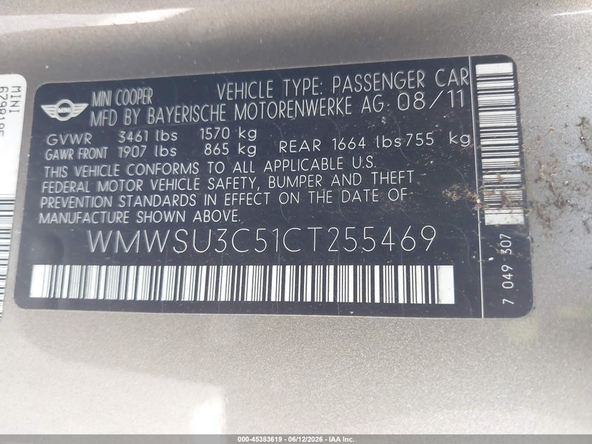2012 Mini Cooper VIN WMWSU3C51CT255469 IAAI salvage auction — NORMAL WEAR, Clear (Maryland), sold $375 on 2026-07-23 (photo 9)