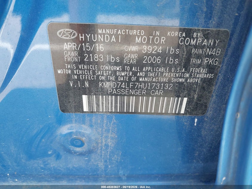 2017 Hyundai Elantra VIN KMHD74LF7HU173132 IAAI salvage auction — FRONT END, Salvage (Tennessee), sold $1,150 on 2026-07-07 (photo 9)