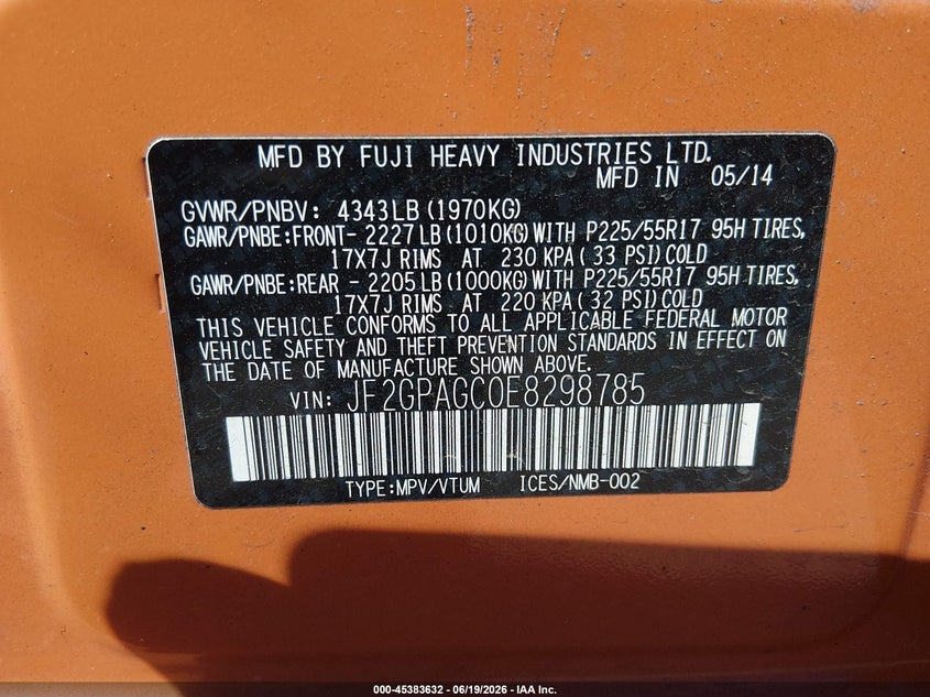 2014 Subaru Xv VIN JF2GPAGC0E8298785 IAAI salvage auction — REAR END, Clear (Massachusetts), sold $1,100 on 2026-07-09 (photo 9)